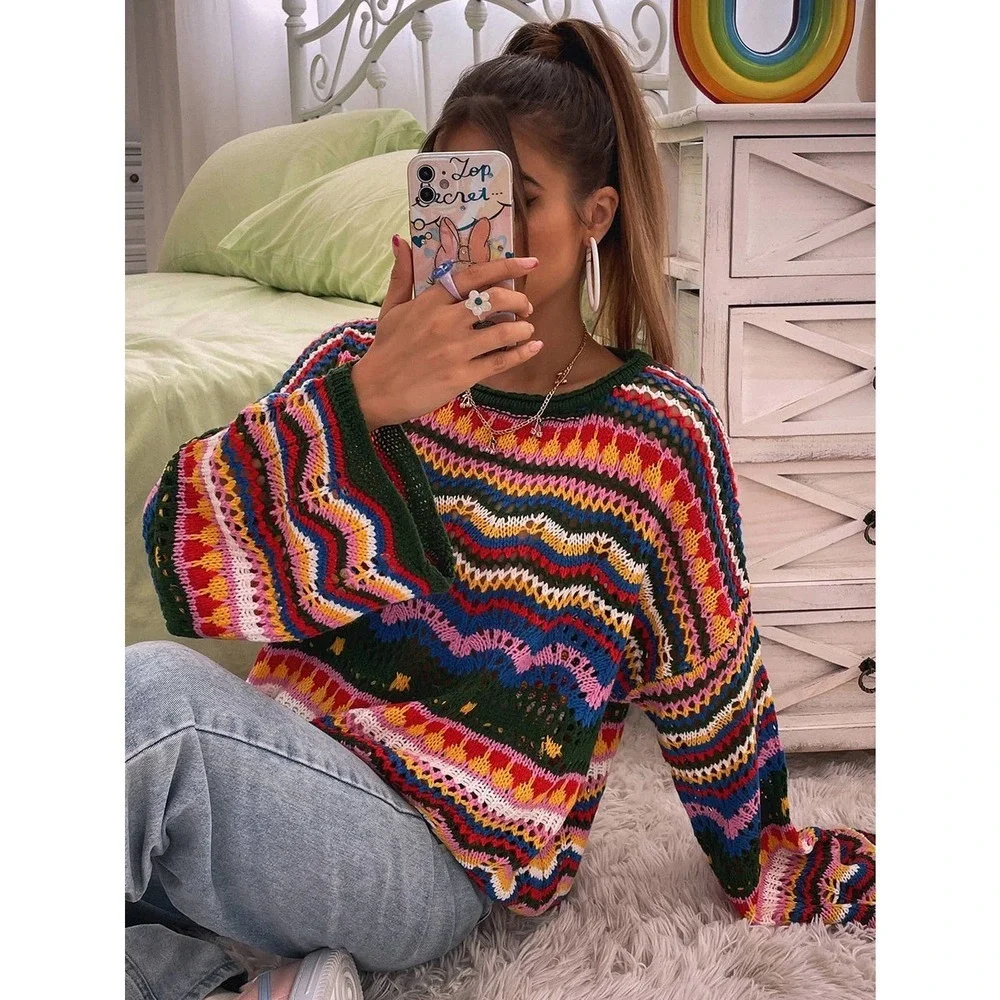 Chevron Pattern Open Knit rainbow stripe Drop Shoulder Sweater 70s style crochet - Picture 5 of 7